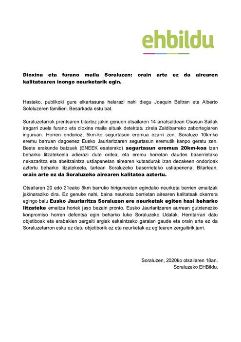 Dioxina eta furano maila Soraluzen: orain arte ez da airearen kalitatearen inongo neurketarik egin