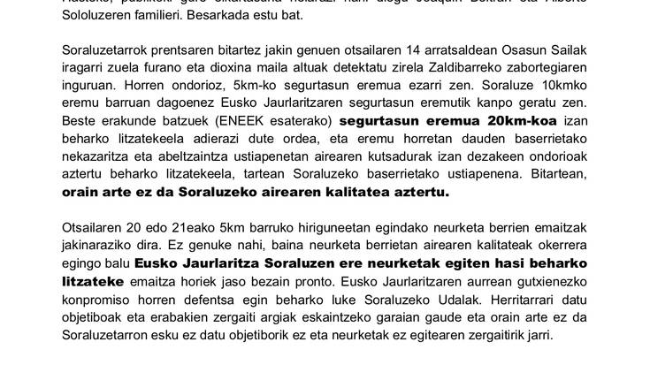 Dioxina eta furano maila Soraluzen: orain arte ez da airearen kalitatearen inongo neurketarik egin